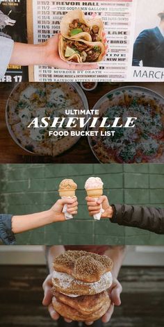 people holding up sandwiches and doughnuts in front of a menu