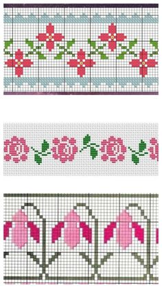 three different cross stitch designs with flowers and leaves on the side, one is pink