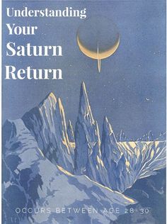 an advertisement for the saturn return program, with mountains in the background and a crescent above it