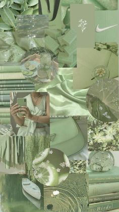 a collage of green and white images