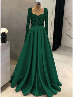 A-Line Evening Gown Sparkle & Shine Black Dress Formal Fall Sweep / Brush Train Long Sleeve Square Neck Satin with Glitter Pleats Occasion Dresses Wedding Guest, Gown Elegant, Glitter Rosa, Dresses Formal Elegant, Black Dress Formal, Evening Gowns Elegant, Bridesmaid Dresses Prom, Wholesale Dress, Dress Formal