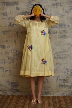 Buy Dhaari Yellow Embroidered Cotton Silk Dress Online | Aza Fashions Embroidery Frocks, Silk Dress With Lace, Simple Kurtis, Plain Dresses, Cotton Silk Dress, Block Print Dress, India Dress, Kantha Embroidery, Pakistani Dresses Casual