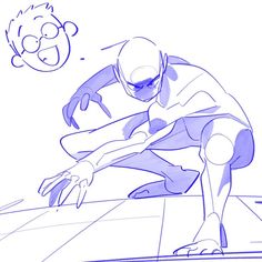 a drawing of a man riding a skateboard on top of a tiled floor next to a cartoon character