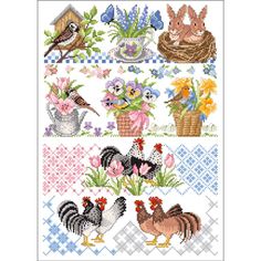 the cross stitch pattern shows different types of birds and flowers, including one with a birdhouse