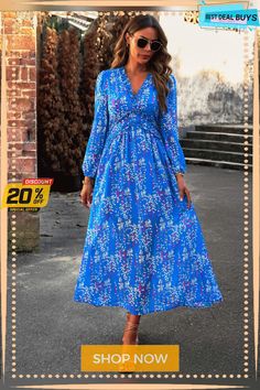 Christabel Floral Printed Maxi Dress - Blue Blue Floral Print Long Sleeve Maxi Dress, Flowy Blue Dress For Fall, Royal Blue Maxi Dress For Spring, Blue Floral Print Dress For Fall, Blue Maxi Dress For Fall Vacation, Royal Blue Fitted Maxi Dress For Spring, Royal Blue V-neck Spring Dress, Royal Blue Maxi Dress For Spring Vacation, Casual Royal Blue Maxi Dress For Spring