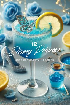 a blue cocktail with lemon slices and glitter on the rim, surrounded by other decorations