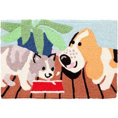 a door mat with two dogs and a cat on it