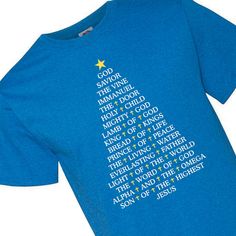 Spread Jesus' light everywhere you go this Christmas season with this religious t-shirt! Featuring a Christmas tree made out of all of the names for God, the Christmas shirt is the perfect look for family gatherings or the church nativity pageant, and it makes a great religious gift for a loved one. You can even buy several of the graphic t-shirts to use as church giveaways! © OTC 

o Fits sizes 34-36
o Brand: Fruit of the Loom
o Short sleeve
o 50% cotton and 50% poly
o Tear away label
o Do Names For God, Christmas Shirts Vinyl, Church Worship, Shirts Vinyl, Christmas Cricut, Cute Shirt Designs, Camp Ideas, Print Ideas, Vinyl Print