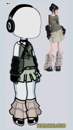 a girl with headphones is standing next to a paper doll