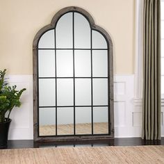 a large mirror sitting on top of a wooden floor next to a potted plant