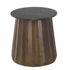 a black marble topped table with wooden legs and a round top on an isolated white background