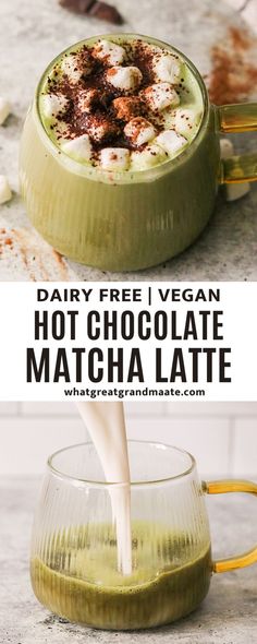 dairy - free vegan hot chocolate matcha latte in a glass mug with milk being poured into it