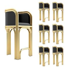 a set of six chairs with black seats and gold frame, all in different positions