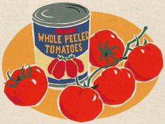 a can of whole peeled tomatoes next to five red tomatoes on a yellow circle with the words whole peeled tomatoes