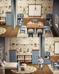 the interior of a dollhouse with furniture and accessories in it, including a cat