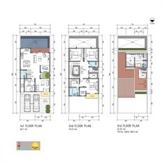 three floor plans for a two story house with an open kitchen and living room area