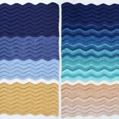 three different colors of knitted fabric with wavy waves on the top and bottom, one blue