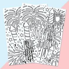 three coloring pages with fireworks and stars on them