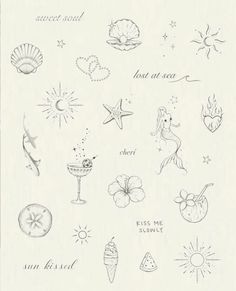 an old drawing of various items from the past, including seashells and starfish