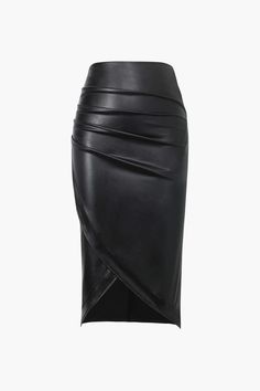 Faux Leather Wrap Ruched Midi Skirt – Micas Ruched Midi Skirt, Fashion 90s, Black Midi Skirt, Faux Leather Skirt, Leather Outfit, List Style, Hats For Sale, Looks Vintage, Leather Wraps