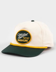 American Needle Miller High Life Snapback Hat. Embroidered Patch On Front. Braided Brim Rope Detail. Slightly Curved Bill. Adjustable Snapback Closure. 100% Cotton. Imported. Summer Baseball Cap With Embroidered Logo And Flat Brim, Cream Casual Hat With Flat Bill, Casual Cream Flat Bill Hat, Vintage Curved Bill Snapback Hat For Spring, Adjustable Cream Hat With Embroidered Logo, Beige Summer Hats With Embroidered Logo, Cream 5-panel Summer Hat, Summer Baseball Cap With Embroidered Logo And Flat Bill, Summer Dad Hat With Embroidered Logo And Flat Brim