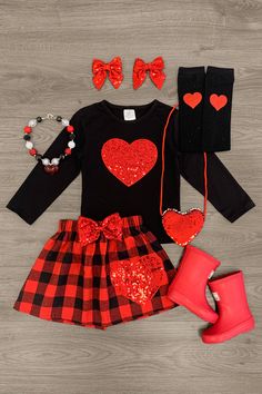 Red Heart Sequin & Plaid Skirt Set | Sparkle In Pink Plaid Skirt Set, Boutique Outfits, Girls Closet, Sparkle In Pink, Long Sleeve Design, Sequin Bow, Valentine's Day Outfit, Red Sequin, Girls Clothing Sets