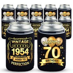 happy 70th birthday beer can coolers with gold foil lettering and balloons on the front