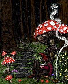 a drawing of a woman sitting on the ground next to mushrooms