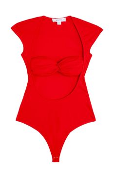 Slim fit cotton jersey bodysuit with cut out and cap sleeves. Shirred bra attached, snaps at crotch. Lightweight stretch fabric. 91% cotton, 9% elastane. Ella is 6' tall, 36" bust, 26" waist, 36" hip, and is wearing a size M. Fitted Cutout Bodysuit, Stretch Cutout Backless Bodysuit, Summer Cutout Bodysuit In Elastane, Fitted Solid Color Bodysuit With Cutout, Red Fitted Short Sleeve Swimwear, Red Stretch Bodysuit With Short Sleeves, Fitted Cutout Bodysuit In One-piece, Fitted One-piece Bodysuit With Cutout, Fitted Cutout One-piece Bodysuit