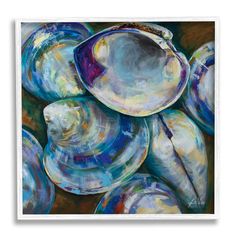 an oil painting of seashells on a brown background