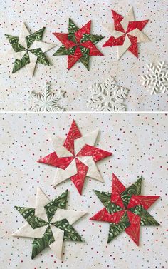 four different types of christmas decorations on a white tablecloth with red and green stars