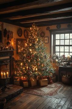 a lit christmas tree in a rustic living room