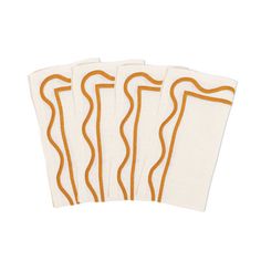 five orange and white napkins with wavy lines on the front, set against a white background