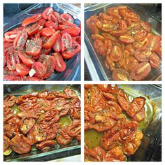 four pictures show different stages of cooking tomatoes in the oven, and then being cooked