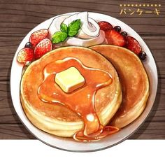 pancakes with syrup and strawberries on a plate, in front of a wooden table