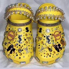 Crocs With Gold Charms, Toddler Bling Crocs, Yellow Bedazzled Crocs, Bedazzled Crocs Shoes With Fur, Big Yellow Crocs, Croc Decorations