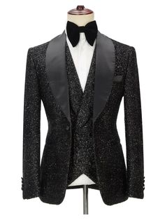 Elegant Three-piece Suit For Winter Party, Elegant Winter Three-piece Party Suit, Ceremony Tuxedo Blazer With Suit Collar, Fitted Tuxedo Outerwear For Wedding, Fitted Tuxedo Wedding Outerwear, Ceremony Tuxedo Blazer With Notch Lapel, Winter Wedding Tuxedo Three-piece Suit, Fitted Three-piece Suit For Winter Party, Winter Party Fitted Three-piece Suit