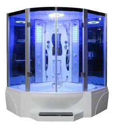 a large white bath tub sitting inside of a glass enclosed shower stall with blue lights on the sides