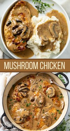 mushroom chicken with mashed potatoes and gravy in a skillet