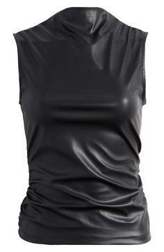 This cool sleeveless top is elevated in rich faux leather with rippled ruching. Funnel neck Sleeveless 100% polyurethane Machine wash, line dry Imported Leather Sleeveless Top, Leather Tank Top, Leather Tops, Random Outfits, Faux Leather Top, Fall Fit, Funnel Neck, Fashion Sketches, Leather Top