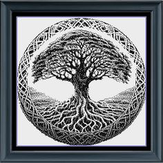 Stitching Jules Design Cross Stitch Pattern Medium Sized Tree Of Life Monochrome Cross Stitch Pattern Instant PDF Download Tree Of Life Cross Stitch, Monochrome Cross Stitch, Monochromatic Aesthetic, Types Of Patterns, The Tree Of Life, Needlepoint Patterns, Framed Fabric, Modern Cross, Extra Fabric