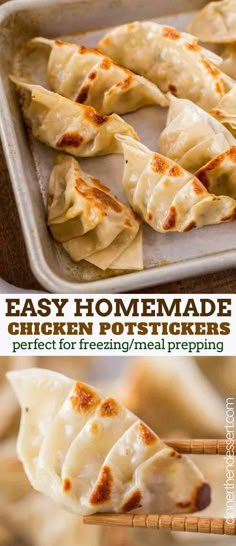 easy homemade chicken potstickers in a pan with chopsticks