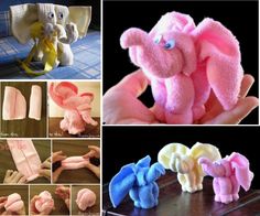 there are several pictures of stuffed animals made out of cloths and yarns, including an elephant