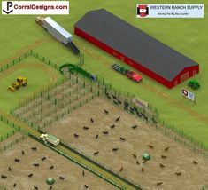 an aerial view of a farm with horses and livestock