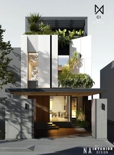 an architectural rendering of a modern house with plants growing on the roof and side walls