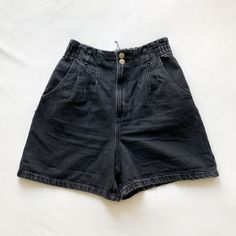 Zara Black Denim High Waisted Pleated Shorts With Elastic Waist Brand New With Tags Size 8 Chic High Rise Washed Black Bottoms, Casual Black Denim Shorts, High Rise Black Shorts With Belt Loops, Zara Black Cotton Bottoms, Black Short Jeans With Belt Loops, High Waist Black Jean Shorts With Belt Loops, Black Denim Bottoms With Belt Loops, Black Cotton Jean Shorts With Belt Loops, Casual Gray Zara Bottoms