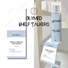 a bottle of glymed shelf talkers next to a sign with the words glymed shelf talkers on it