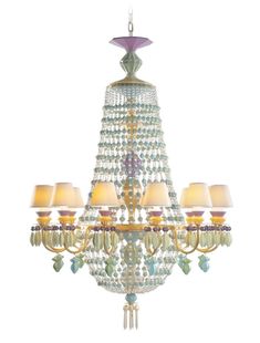 a chandelier with many lights hanging from it's sides and two lamps on each side