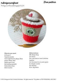 a knitted coffee cup with a santa hat on it's top and description below