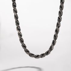 Rope chain necklace for men and women in oxidized sterling silver. A unisex wide thick twist chain necklace with a unique handmade hook at closure. A great choice as a birthday gift for him. 100% handcrafted with love! DETAILS * Metal: High-quality Sterling Silver 925 * Finish: Oxidized Silver * Width: 6mm * Length: 55 cm 100% nickel free. Delivered in an elegant gift package. SHIPPING All orders are shipped worldwide via FedEx Express for speed and security. The estimated delivery time is 3 day Gunmetal Cable Chain Link Necklace, Black Rope Chain Necklace As Gift, Gunmetal Necklace With Cable Chain As A Gift, Black Sterling Silver Link Necklace, Gunmetal Necklace With Cable Chain For Gift, Black Oval Link Chain Necklace As Gift, Oxidized Chain Link Necklace For Gift, Gunmetal Chain Link Necklace For Gift, Black Sterling Silver Link Chain Necklace